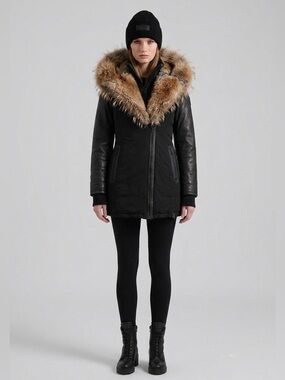 RUDSAK Black Down Fur Trimmed Midi Parka Leather Sleeves Size Medium Luxury Fall